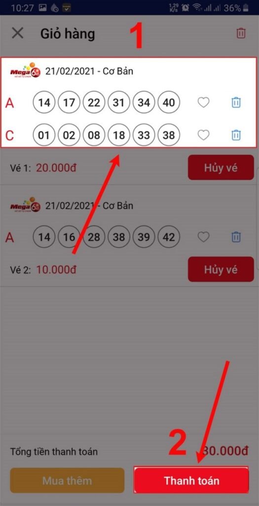Bạn cần tiến hành kiểm tra lại những số đó và bấm Thanh toán để cập nhập vé số mới